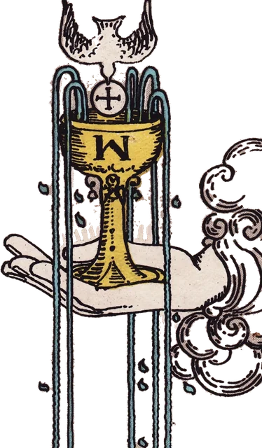 A hand from a cloud offering an overflowing cup, from the Ace of Cups