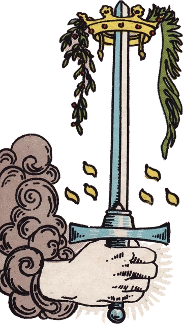 A hand from a cloud holding up a crowned sword, from the Ace of Swords