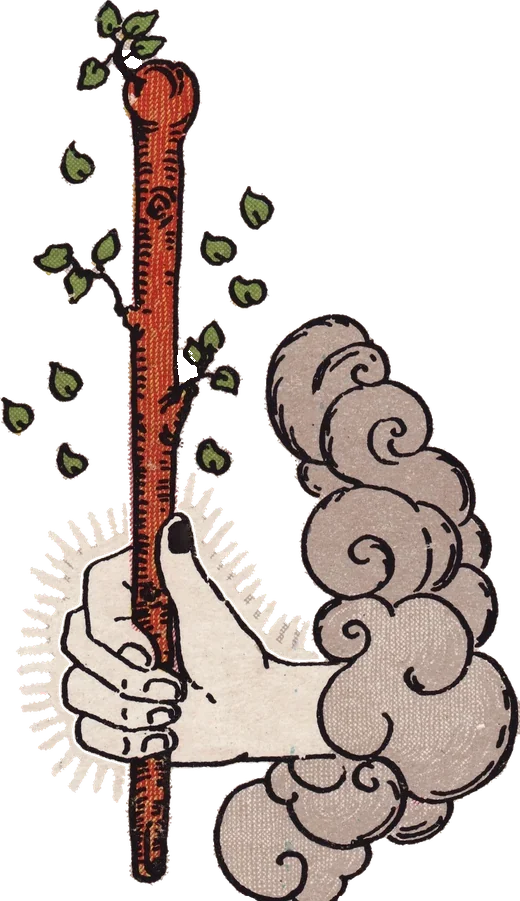 A hand reaching out of a cloud, offering a budding wand, from the Ace of Wands