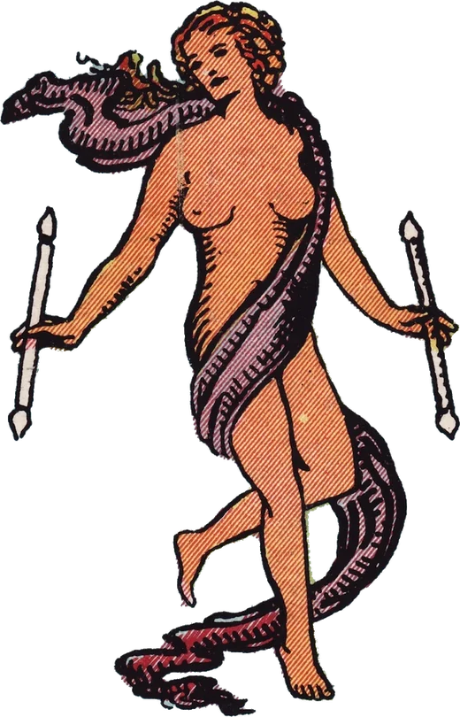 The dancer from the World card, a wand in each hand