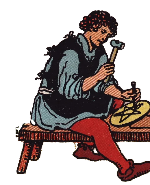 An apprentice carving pentacles at his bench, from the Eight of Pentacles