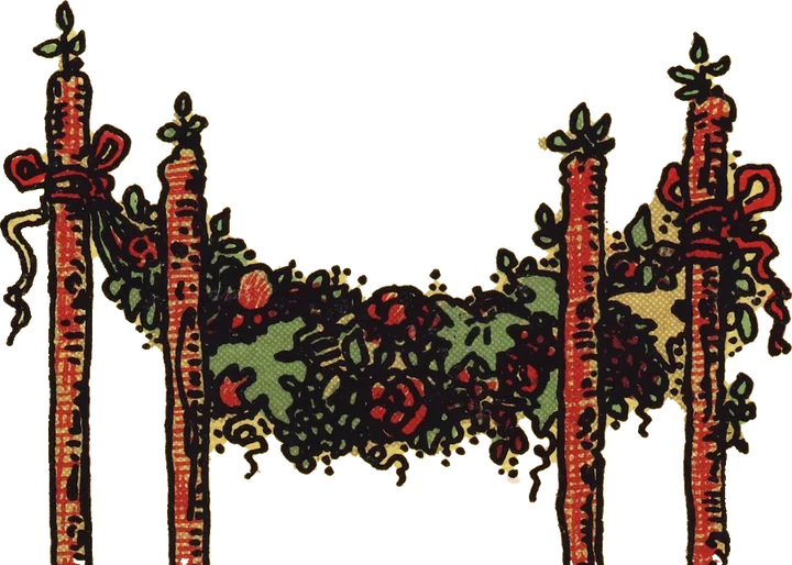 A garland of flowers hung between four wands, from the Four of Wands