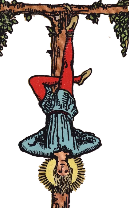 The Hanged Man, suspended calmly by one foot, a halo around his head