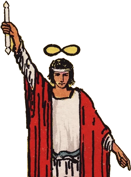 The Magician, one hand raised to the sky and the other pointing to the earth