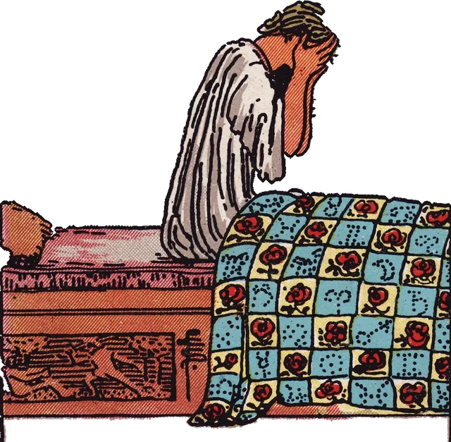 A figure sitting up in bed with their face in their hands, from the Nine of Swords
