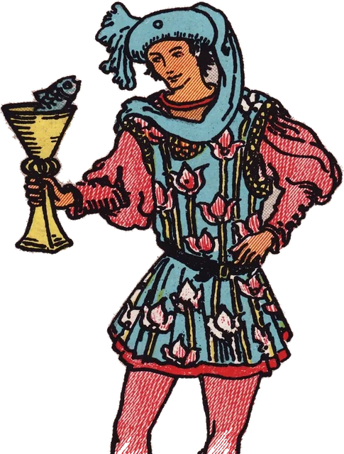 A young man holding a cup with a fish looking out of it, from the Page of Cups