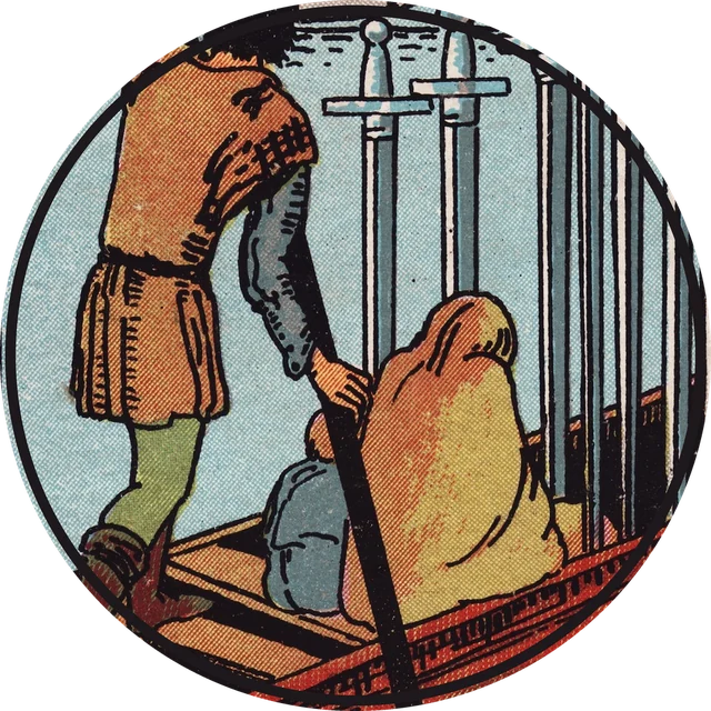 A ferryman poling a boat across still water, from the Six of Swords