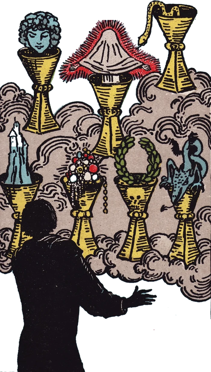 A figure facing seven cups in the clouds, each holding a different vision, from the Seven of Cups