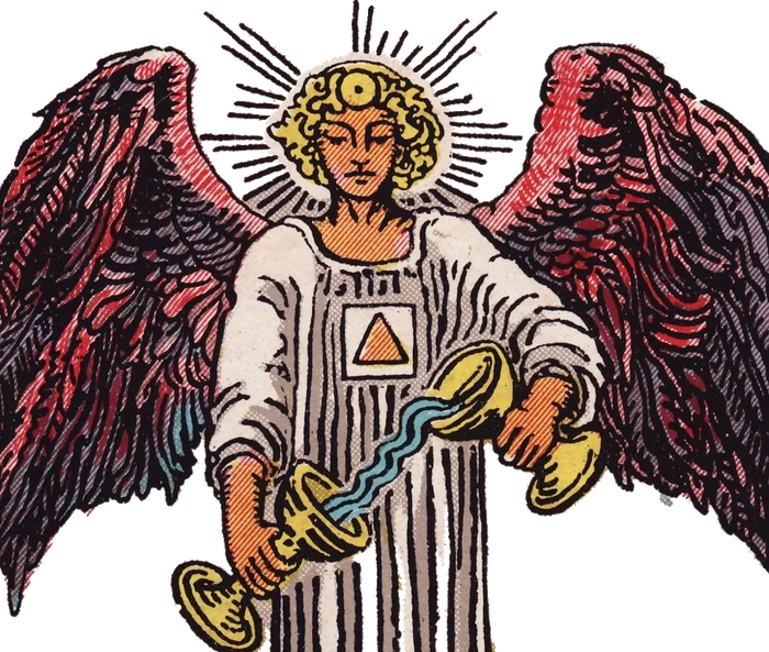 The angel of Temperance pouring water between two cups