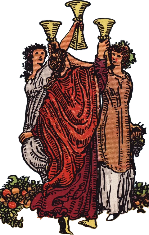 Three women raising cups together, from the Three of Cups