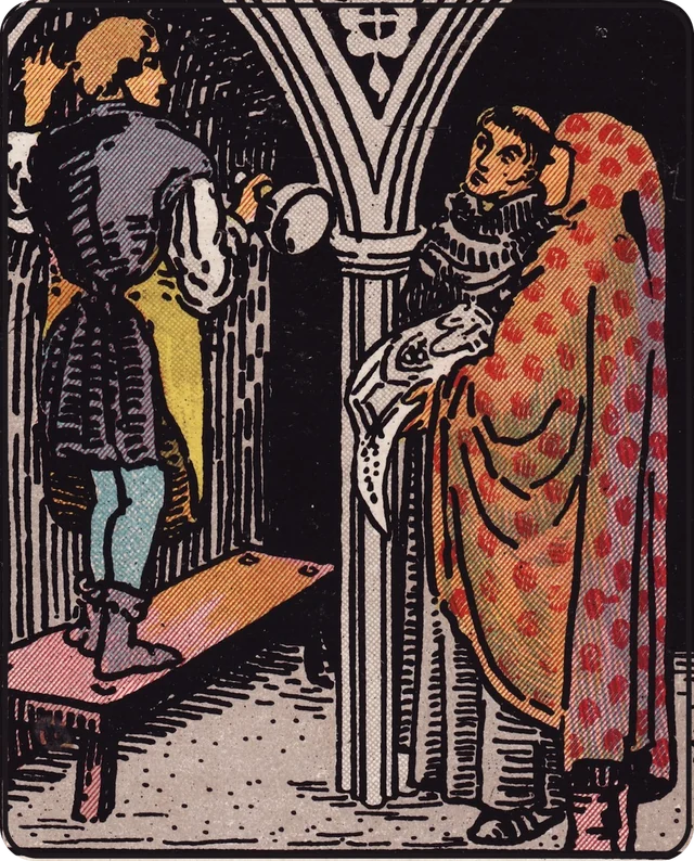 A stonemason at work in a cathedral, talking plans over with a monk and an architect, from the Three of Pentacles