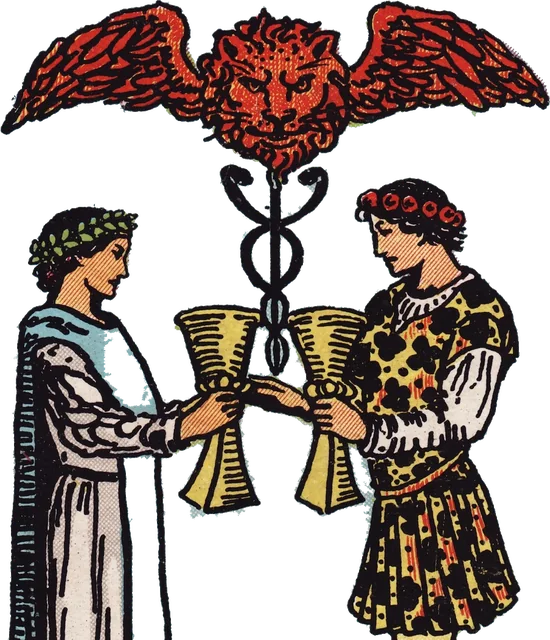 Two figures exchanging cups beneath a winged lion, from the Two of Cups